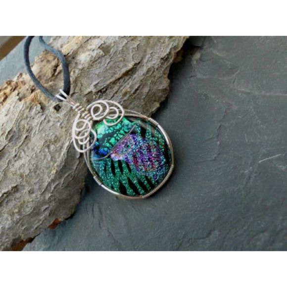 Handmade Sterling Wrapped Dichroic Glass Pendant - Picture 2 of 5